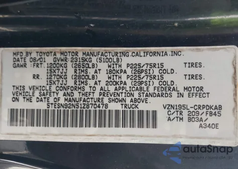 2001 Toyota Tacoma Prerunner V6 z USA, uszkodzony, nr VIN 5TESN92N51Z870478
